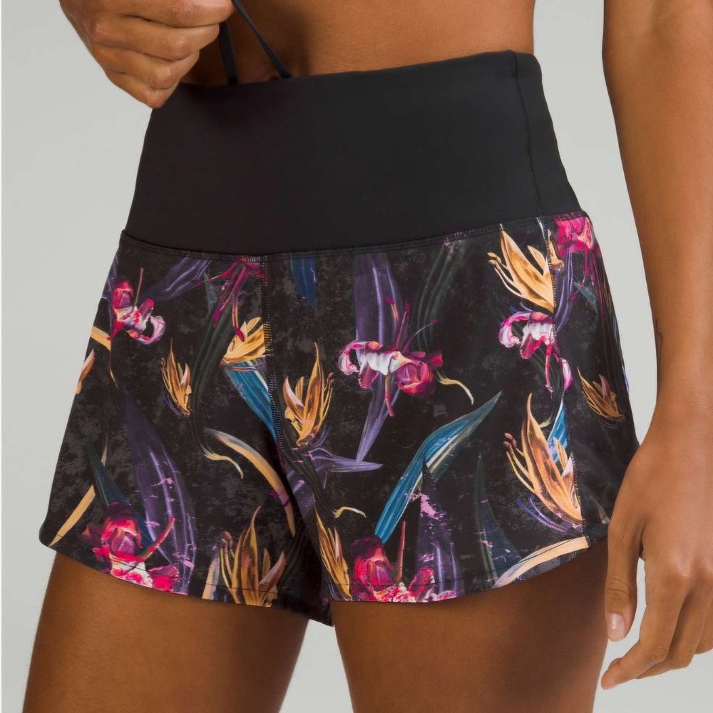 Lululemon Shorts Womens Sz 10 Speed Up High-Rise Lined Black Floral W7BP0T - Picture 2 of 10